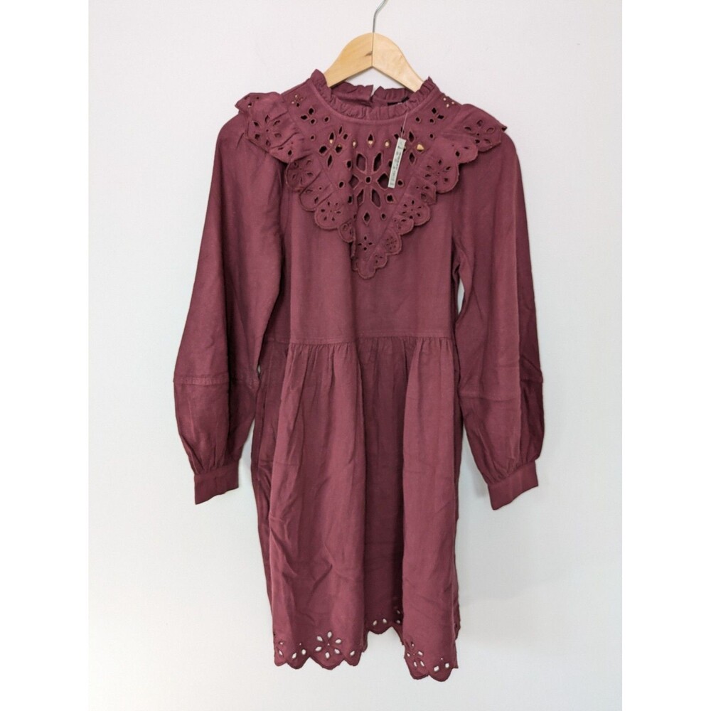 Madewell SZ XXS Burgundy Flannel Ruffle Mini Dress Boho Country Cowgirl Prairie